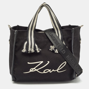 KARL LAGERFELD Black/White Canvas K/Signature Webbing Tote