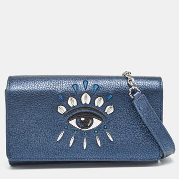 KENZO Metallic Blue Leather Flap Crossbody Bag