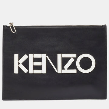 KENZO Black Leather Logo Zipped Pouch
