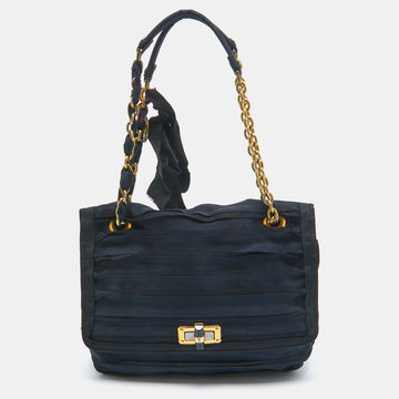 LANVIN Black/Navy Blue Fabric Pleated Happy Shoulder Bag