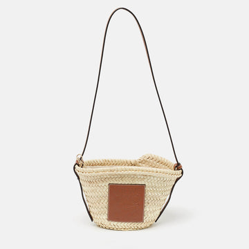 LOEWE Brown/Natural Raffia and Leather Mini Basket Shoulder Bag