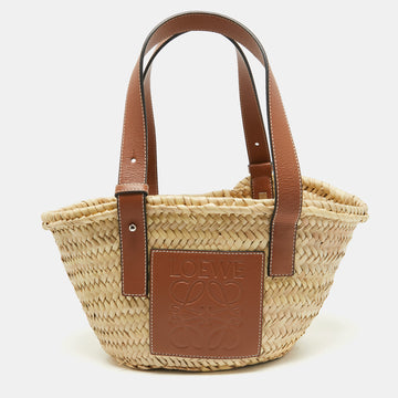 LOEWE Brown/Natural Palm Leaf and Leather Small Basket Tote