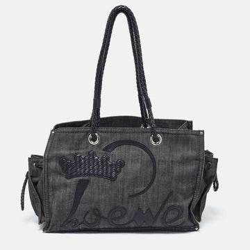 LOEWE Black Denim and Leather Logo Shopper Tote