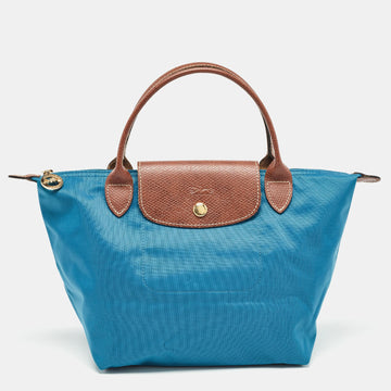 LONGCHAMP Brown/Teal Blue Nylon and Leather Small Short Le Pliage Tote