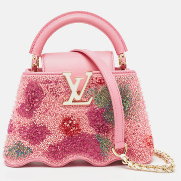 LOUIS VUITTON Pink Embroidered Satin Capucines Capushell Mini Bag