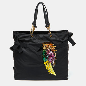 MARC JACOBS Black Nylon and Leather Tropical Chappy Bird Shopper Tote