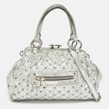 MARC JACOBS Silver Textured Quilted Leather Stam Satchel
