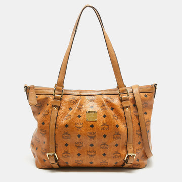 MCM Brown Visetos Coated Canvas and Leather Zip Tote