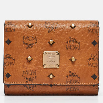 MCM Cognac Visetos Coated Canvas Studded Trifold Wallet