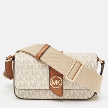 MICHAEL KORS White/Brown Signature Coated Canvas and Leather Greenwhich East West Crossbody Bag