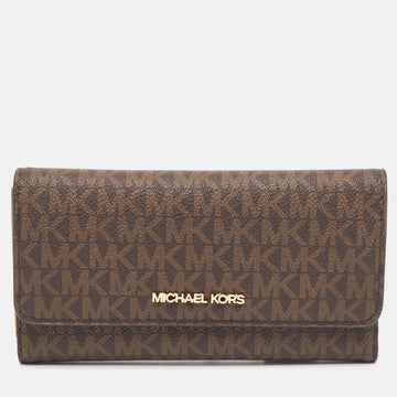 MICHAEL KORS Brown Signature Coated Canvas Large Jet Set Travel Trifold Wallet