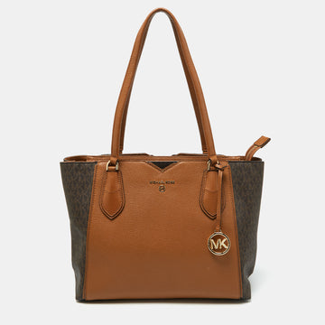 MICHAEL KORS Brown/Tan Signature Coated Canvas and Leather Mae Tote