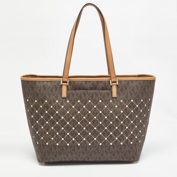 MICHAEL KORS Brown Signature Coated Canvas and Leather Jet Set Violet Tote