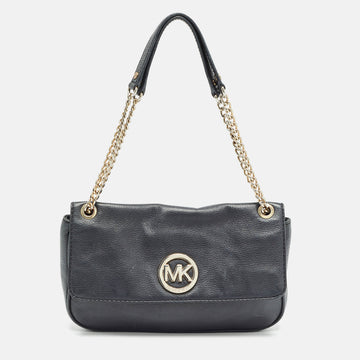 MICHAEL KORS Black Leather Fulton Flap Shoulder Bag