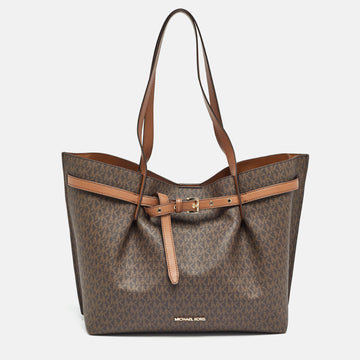 MICHAEL KORS Brown Signature Coated Canvas and Leather Large Emilia Tote