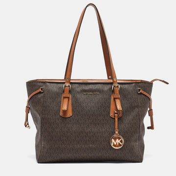 MICHAEL KORS Brown Signature Coated Canvas and Leather Voyager Shopper Tote