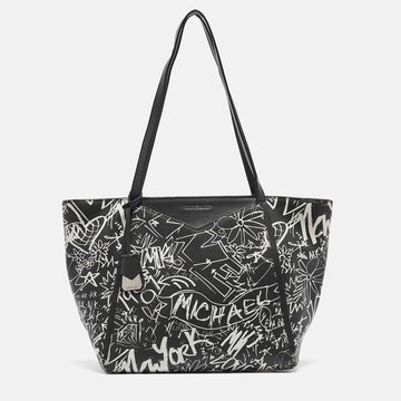 MICHAEL KORS Black/White Leather Large Graffiti Whitney Tote