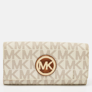 MICHAEL KORS White/Brown Signature Coated Canvas and Leather Fulton Continental Wallet