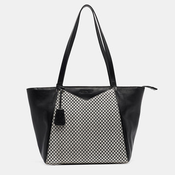 MICHAEL KORS Black/White Checkboard Logo Leather Large Whitney Tote