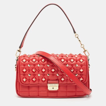 MICHAEL KORS Red Quilted Leather Small Studded Bradshaw Convertible Shoulder Bag