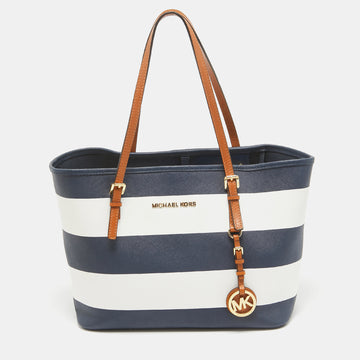 MICHAEL KORS Navy Blue/White Leather Stripe Jet Set Travel Tote