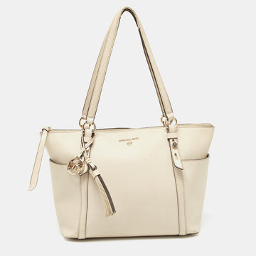 MICHAEL KORS Light Beige Leather Medium Top Zip Jet Set Tote