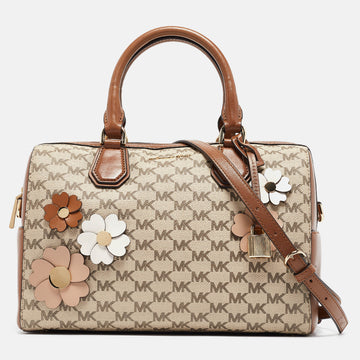 MICHAEL KORS Brown/Beige Signature Coated Canvas Medium Floral Applique Mercer Duffle Bag