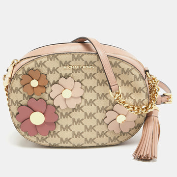 MICHAEL KORS Old Rose/Beige Signature Coated Canvas and Leather Floral Applique Ginny Crossbody Bag