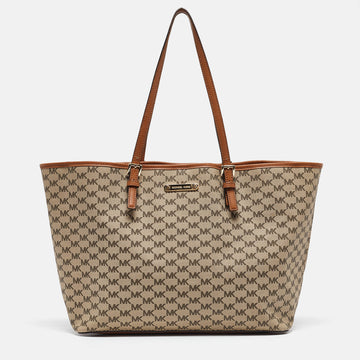 MICHAEL MICHAEL KORS Brown/Beige Signature Coated Canvas and Leather Emery Tote