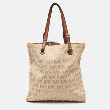 MICHAEL MICHAEL KORS Beige/Brown Signature Canvas and Leather North South Tote