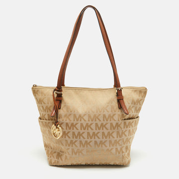 MICHAEL MICHAEL KORS Beige/Brown Signature Canvas and Leather Jet Set Top Zip Tote