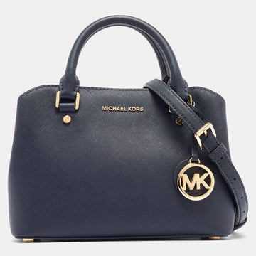 MICHAEL MICHAEL KORS Navy Blue Saffiano Leather Small Savannah Satchel