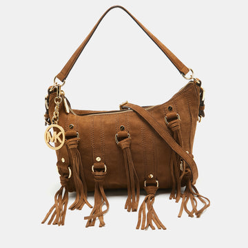 MICHAEL MICHAEL KORS Brown Suede Fringe Presley Shoulder Bag