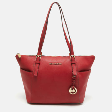 MICHAEL MICHAEL KORS Red Saffiano Leather Jet Set Top Zip Tote