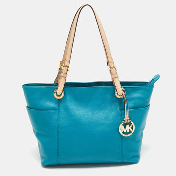 MICHAEL MICHAEL KORS Teal Blue/Beige Leather Jet Set Tote