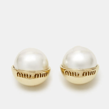 MIU MIU Logo Faux Pearl Gold Tone Earrings