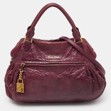 MIU MIU Purple Leather Lily Distressed Satchel