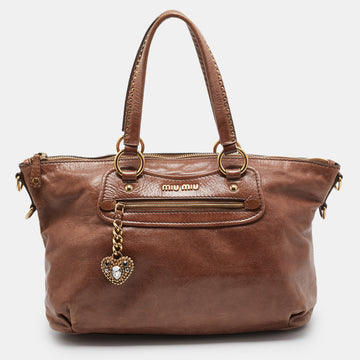 MIU MIU Brown Leather Studded Heart Charm Tote