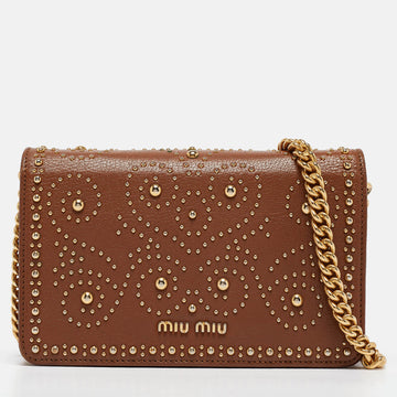 MIU MIU Brown Leather Studded Wallet on Chain