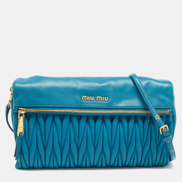 MIU MIU Blue Matelasse Leather Fold Over Zip Shoulder Bag