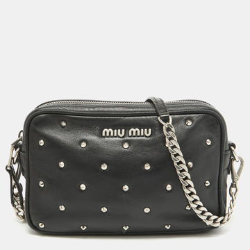 MIU MIU Black Leather Studded Camera Crossbody Bag