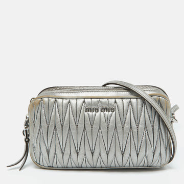 MIU MIU Silver Matelasse Leather Double Zip Crossbody Bag