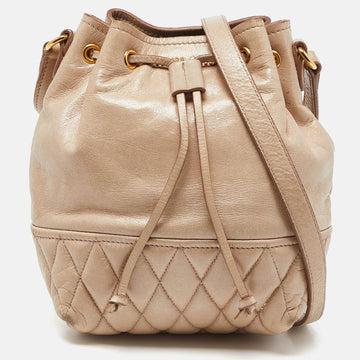 MIU MIU Beige Vitello Shine Leather Drawstring Bucket Bag