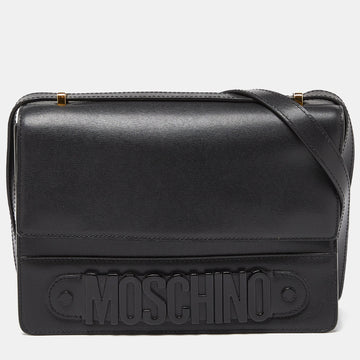 MOSCHINO Black Leather Logo Flap Shoulder Bag