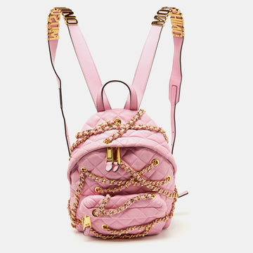 MOSCHINO Pink Quilted Faux Leather Chain Link Backpack