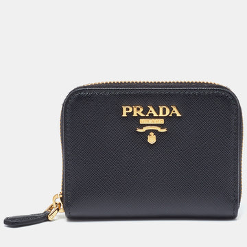 PRADA Black Leather Zip Around Compact Wallet