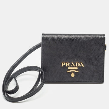 PRADA Black Saffiano Leather Card Case Lanyard