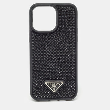 PRADA Black Rubber Crystals Embellished iPhone 14 Pro Case