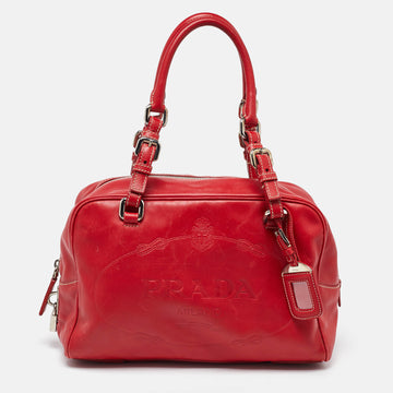 PRADA Red Vitello Daino Leather Boston Bag