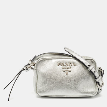 PRADA Silver Leather Logo Camera Crossbody Bag